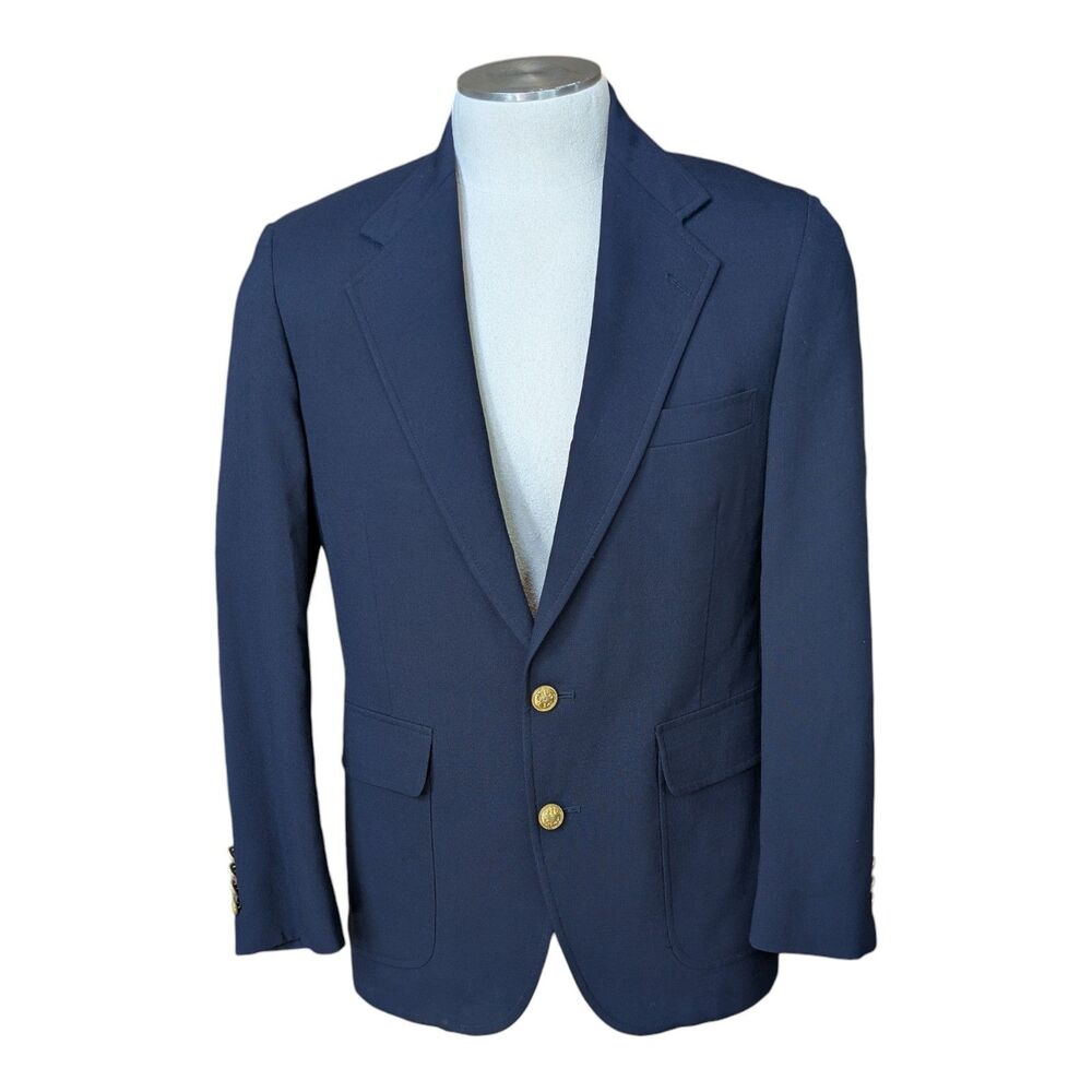 Bedford Mens Navy Blazer Jacket Vintage Size 40R 100% Wool Brass Buttons Classic
